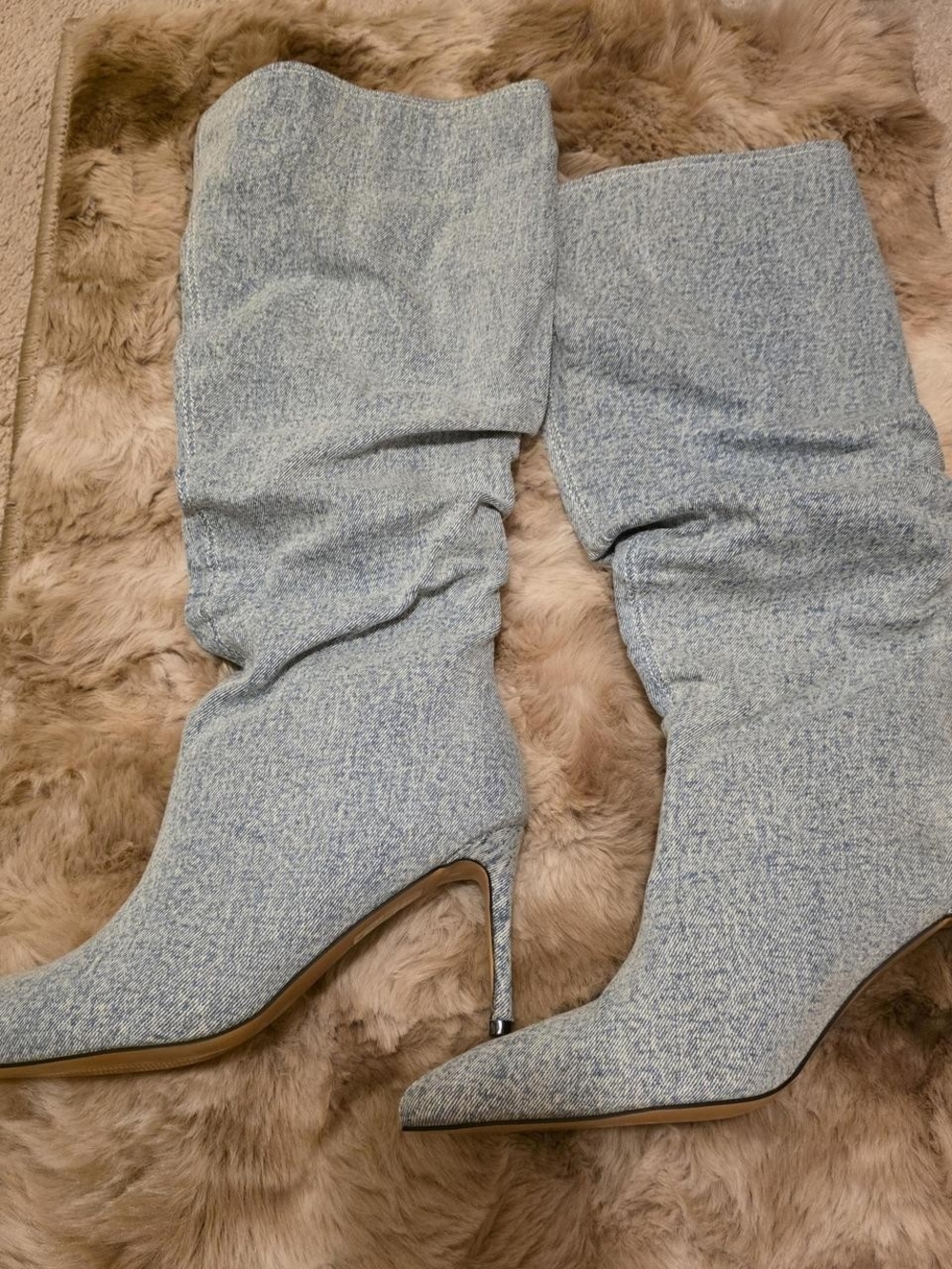 Azalea Wang Denim Knee-High Pointed Toe Slouch Boots in Light Blue